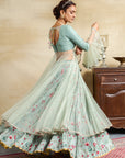 Aqua Floral Printed & Embroidered Anarkali Set