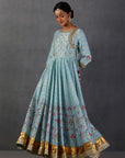 Aqua Silk Chanderi Printed & Embroidered Angrakha Style Anarkali Set