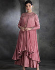Dusty Pink Chanderi & Cotton Floral Embroidered Angrakha Set
