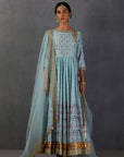 Aqua Silk Chanderi Printed & Embroidered Angrakha Style Anarkali Set