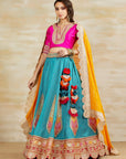 Turquoise Blue Lehenga With An Orange Dupatta Set