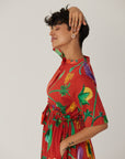 Big Botanical Red Gathered Dress