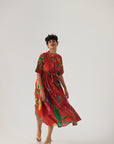 Big Botanical Red Gathered Dress