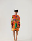 Big Botanical Orange Linen Short Dress