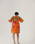 Big Botanical Orange Linen Short Dress