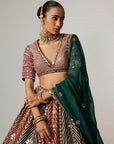 Cranberry Multicolor Linear Flower Lehenga Set With Jade Green Dupatta