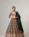 Cranberry Multicolor Linear Flower Lehenga Set With Jade Green Dupatta