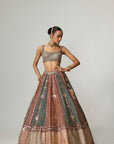 Cranberry Multicolor Linear Flower Lehenga Set With Square Neck Blouse