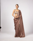 Deep Beige Satin Saree With Square Neck Blouse