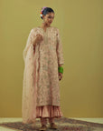 Powder Pink Kurta Set With A Crinkled Kalidar Inner And Dupatta