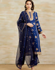 Navy Matka Kurta With Silk Pants Set