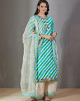 Green Kurta With Cream Pants And An Off White Dupatta