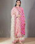Pink Lehenriya Kurta With Cream Pants And An Off White Dupatta