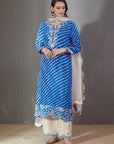 Blue Leheriya Kurta Set With Chints Embroidery