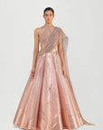 Metallic Fluted Tulle Skirt With A Beaded Halter Top And Crystalvein Drape - Rose