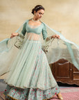 Aqua Floral Printed & Embroidered Anarkali Set