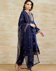 Navy Matka Kurta With Silk Pants Set