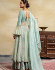 Aqua Floral Printed & Embroidered Anarkali Set