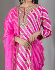 Pink Leheriya Kurta And Pants Set With Chints Embroidery