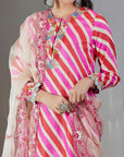 Pink Lehenriya Kurta With Cream Pants And An Off White Dupatta