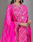 Pink Leheriya Kurta Set With Chints Embroidery
