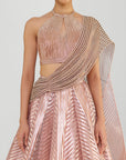 Metallic Fluted Tulle Skirt With A Beaded Halter Top And Crystalvein Drape - Rose