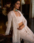 White Sequin Open Jacket - Sharara Pant Set