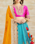 Turquoise Blue Lehenga With An Orange Dupatta Set