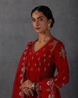 Red Silk Chanderi Printed & Embroidered Anarkali Set