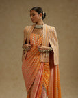 Orange Pink Ombre Print Cascade Saree With Bustier & Embellished Noor Jacket