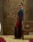Red Blue Ombre Print Cascade Saree With Metal Embellished Bustier Paired With Blue Ombre Embellished Cape Jacket