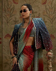 Red Blue Ombre Print Cascade Saree With Metal Embellished Bustier Paired With Blue Ombre Embellished Cape Jacket
