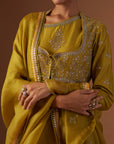 Olive Tissue Anarkali Paired With Churidaar And Dupatta