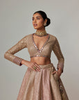 Deep Beige Multicolor V Neck Crop Top With Skirt