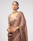 Deep Beige Satin Saree With Sweetheart Neck Blouse