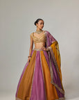 Mustard Multicolor Linear Lehenga With Cap Sleeve Blouse