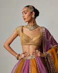 Mustard Multicolor Linear Lehenga With Cap Sleeve Blouse