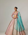 Dark Blush Multicolor Metallic Gota Crop Top Skirt With Aqua Dupatta