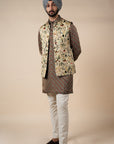 Creme Ivory Printed Nehru Jacket