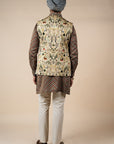 Creme Ivory Printed Nehru Jacket