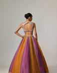 Mustard Multicolor Linear Lehenga With V Neck Blouse