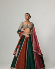 Cranberry Multicolor Linear Lehenga With Sweetheart Full Sleeve Blouse.