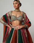 Cranberry Multicolor Linear Lehenga With Sweetheart Full Sleeve Blouse.