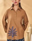 Tan Trellis Palm Embroidred Top