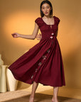 Maroon Smocked Midi Dress