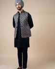 Midnight Blue Printed Nehru Jacket