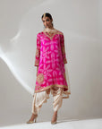 Fuschia Pink Silk Bandhani Kurta With Tulip Pants Set