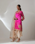 Fuschia Pink Silk Bandhani Kurta With Tulip Pants Set