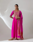 Fuschia Pink Georgette Anarkali Set With Gota Hand Embroidery