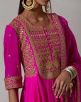 Fuschia Pink Georgette Anarkali Set With Gota Hand Embroidery